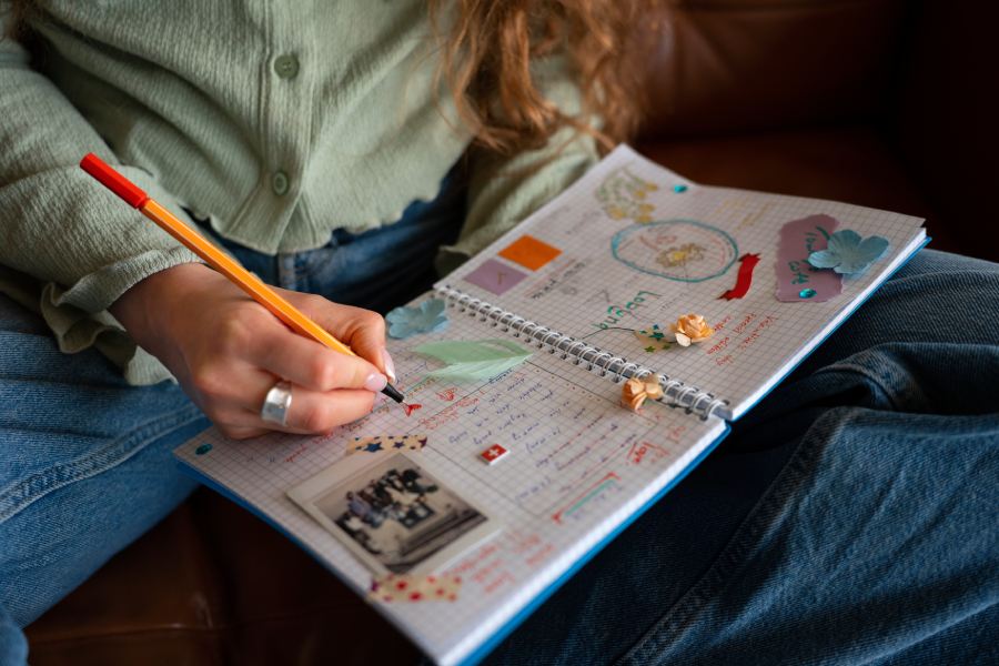 A front view of a woman engaging in creative journaling, exploring different types of journaling techniques.
